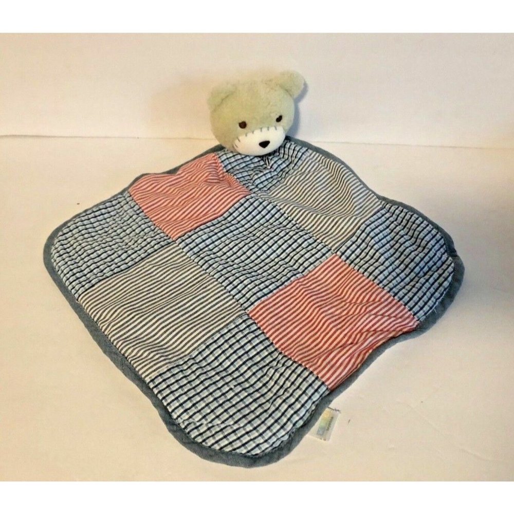 KRU K R U Layette Baby Blue Red plaid bear Security 16 x 17 Plaid Blanket Lovey